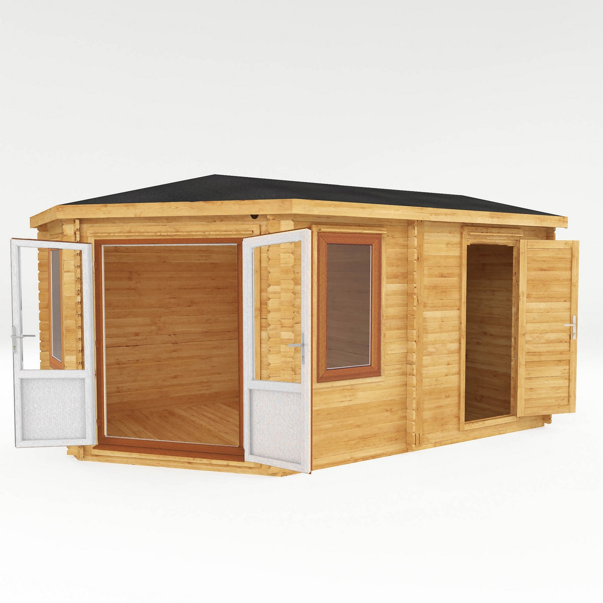 Mercia Corner 10' 4" x 16' 8" Hip Log Cabin Shed - Premium 44mm Cladding Loglap - Brown UPVC