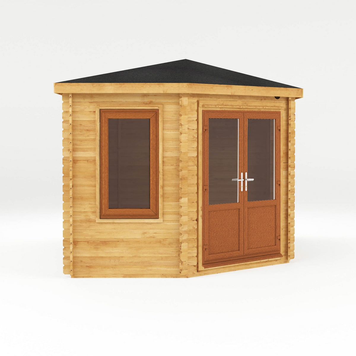 Mercia Corner 10' 4" x 16' 8" Hip Log Cabin Shed - Premium 44mm Cladding Loglap - Brown UPVC