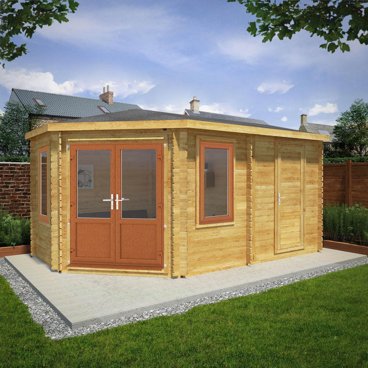 Mercia Corner 10' 4" x 16' 8" Hip Log Cabin Shed - Premium 44mm Cladding Loglap - Brown UPVC