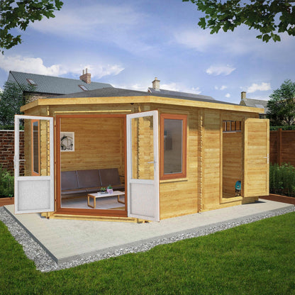 Mercia Corner 10' 4" x 16' 8" Hip Log Cabin Shed - Premium 44mm Cladding Loglap - Brown UPVC