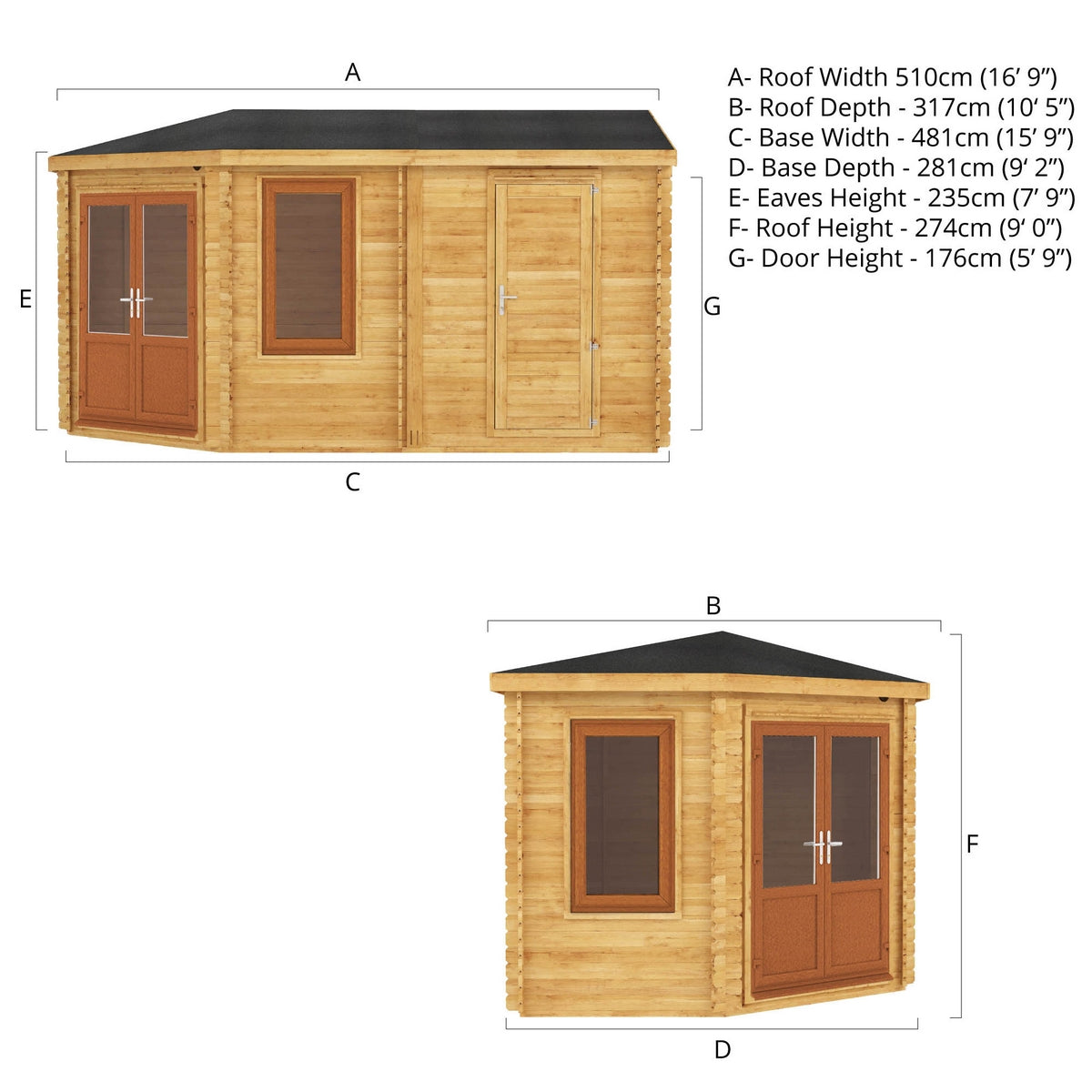 Mercia Corner 10' 4" x 16' 8" Hip Log Cabin Shed - Premium 44mm Cladding Loglap - Brown UPVC