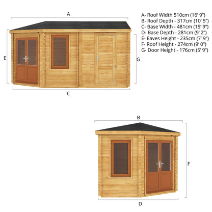 Mercia Corner 10' 4" x 16' 8" Hip Log Cabin Shed - Premium 44mm Cladding Loglap - Brown UPVC