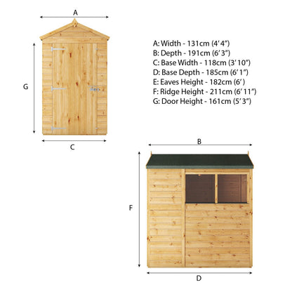 Mercia Woodsman 6' 3" x 4' 3" Apex Shed - Premium Dip Treated Shiplap - Styrene Windows