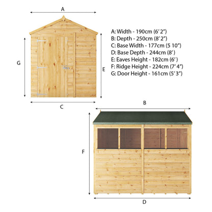 Mercia Woodsman 8' 2" x 6' 2" Apex Shed - Premium Dip Treated Shiplap - Styrene Windows