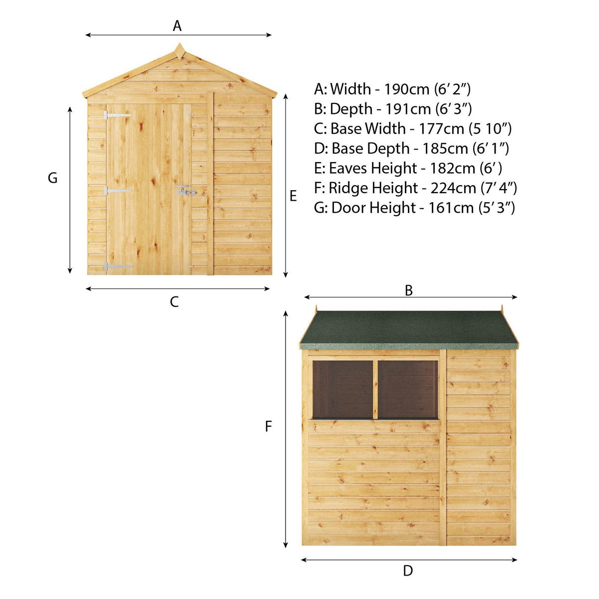 Mercia Woodsman 6' 3" x 6' 2" Apex Shed - Premium Dip Treated Shiplap - Glass Windows