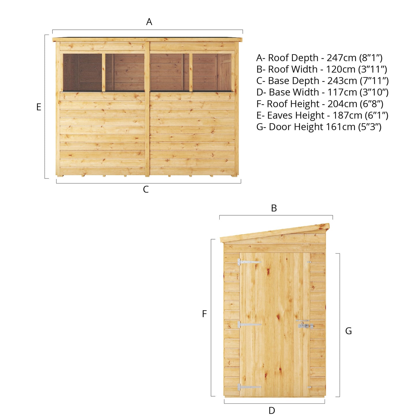Mercia Woodsman 8' 1" x 3' 11" Pent Shed - Premium Dip Treated Shiplap - Styrene Windows