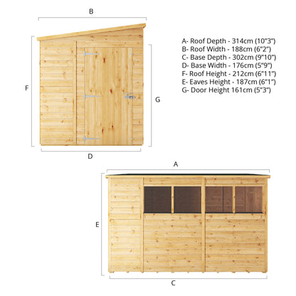 Mercia Woodsman 10' 3" x 6' 2" Pent Shed - Premium Dip Treated Shiplap - Styrene Windows