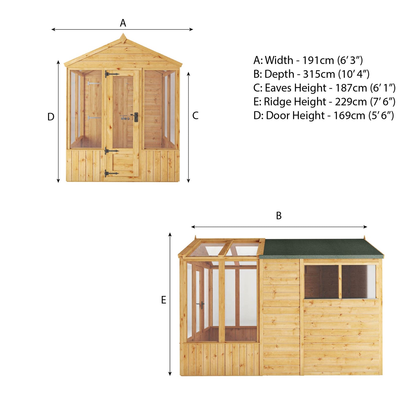 Mercia Woodsman 10' 4" x 6' 3" Apex Combi Greenhouse Shed - Premium Dip Treated Shiplap - Glass Windows