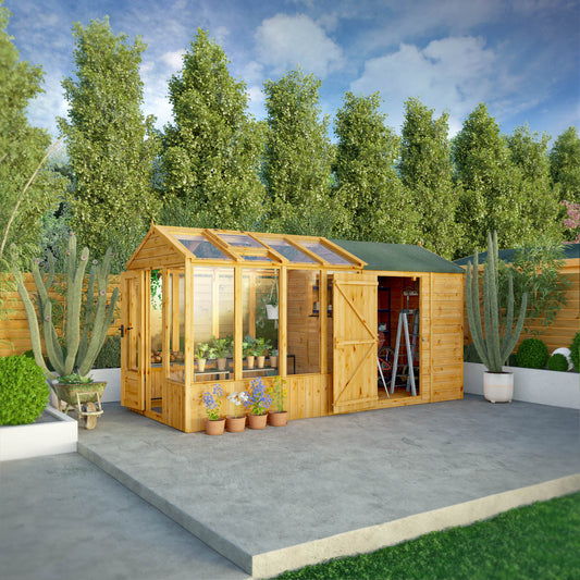 Mercia Woodsman 14' 2" x 6' 3" Apex Combi Greenhouse Shed - Premium Dip Treated Shiplap- Glass Windows