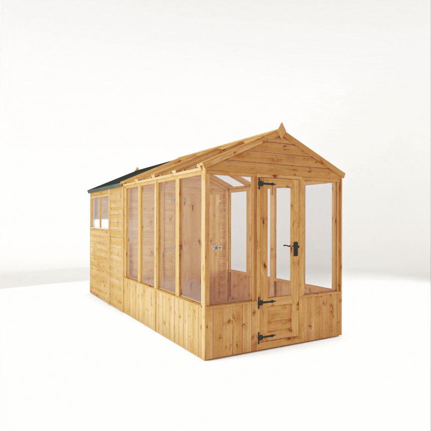 Mercia Woodsman 14' 2" x 6' 3" Apex Combi Greenhouse Shed - Premium Dip Treated Shiplap- Glass Windows