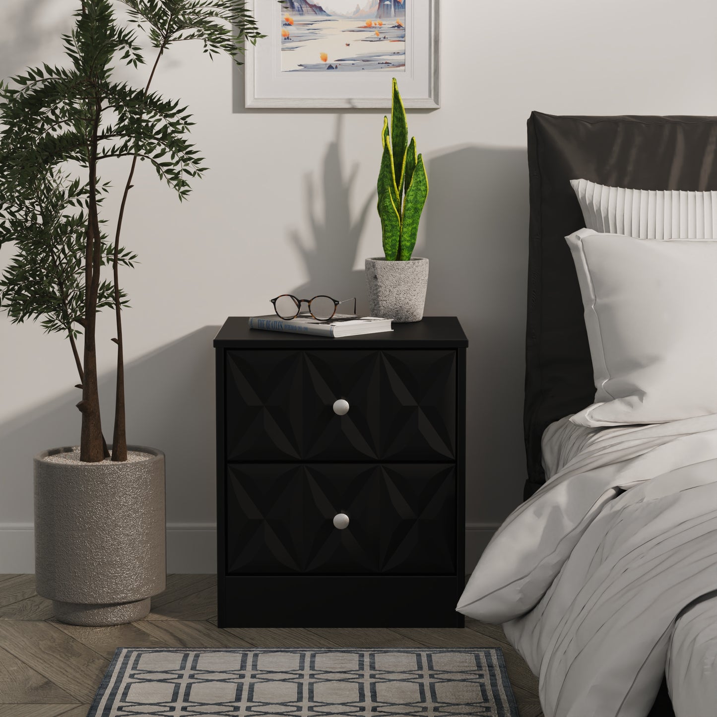 San Jose Bedside Table Black 2 Drawers 45cm