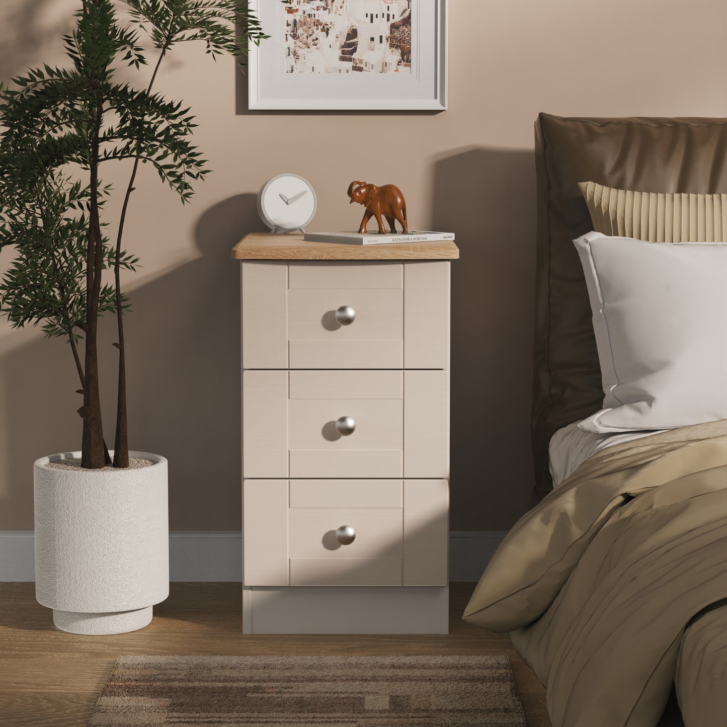 Sussex Bedside Table Off-white & Light Oak 3 Drawers 40cm