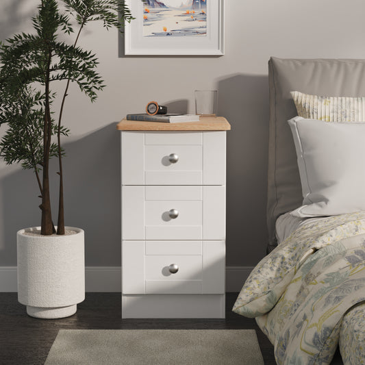 Sussex Bedside Table White & Light Oak 3 Drawers 40cm