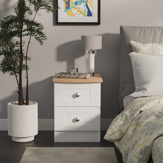 Sussex Bedside Table White & Light Oak 2 Drawers 40cm