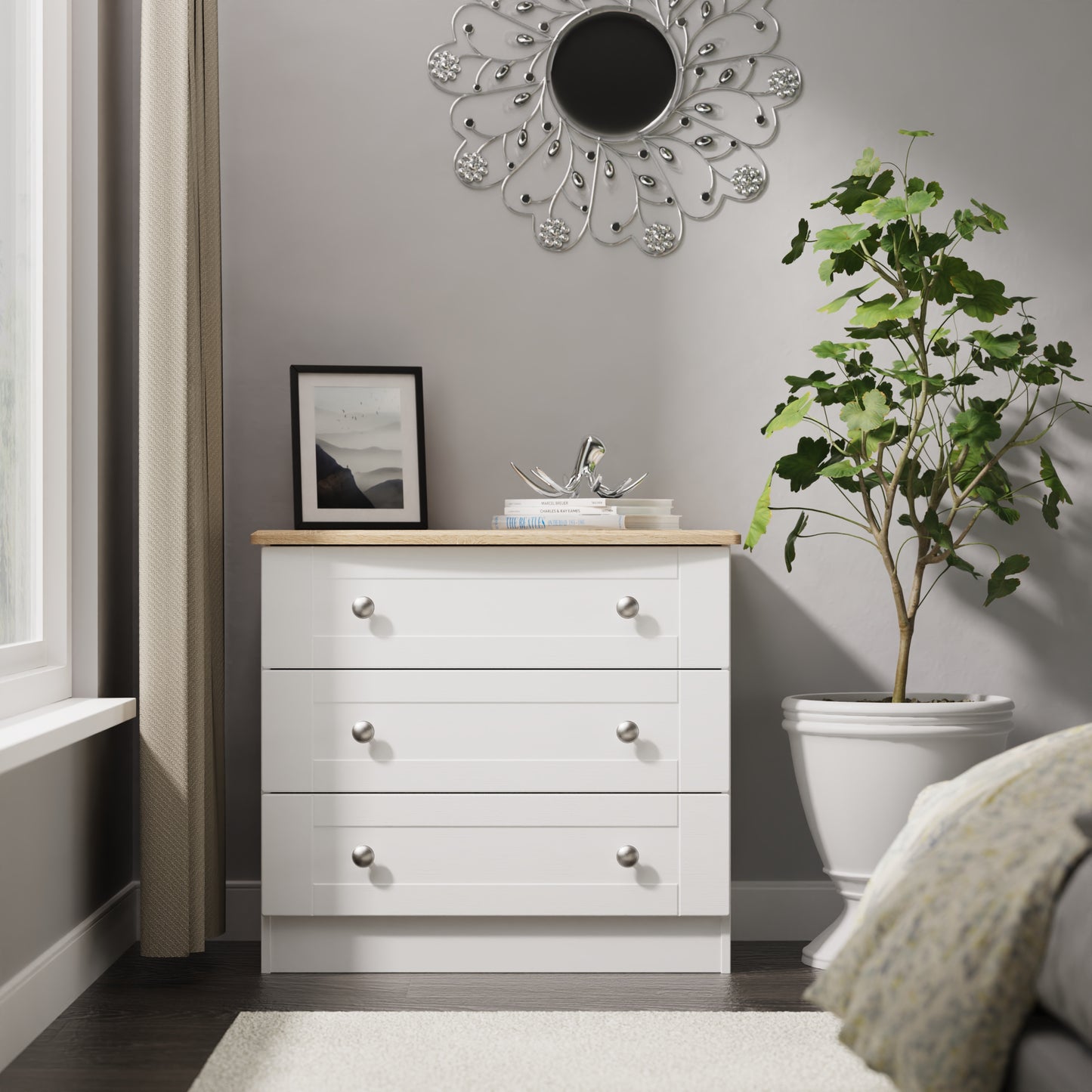 Sussex Chest of Drawers White & Light Oak 3 Drawers 77cm