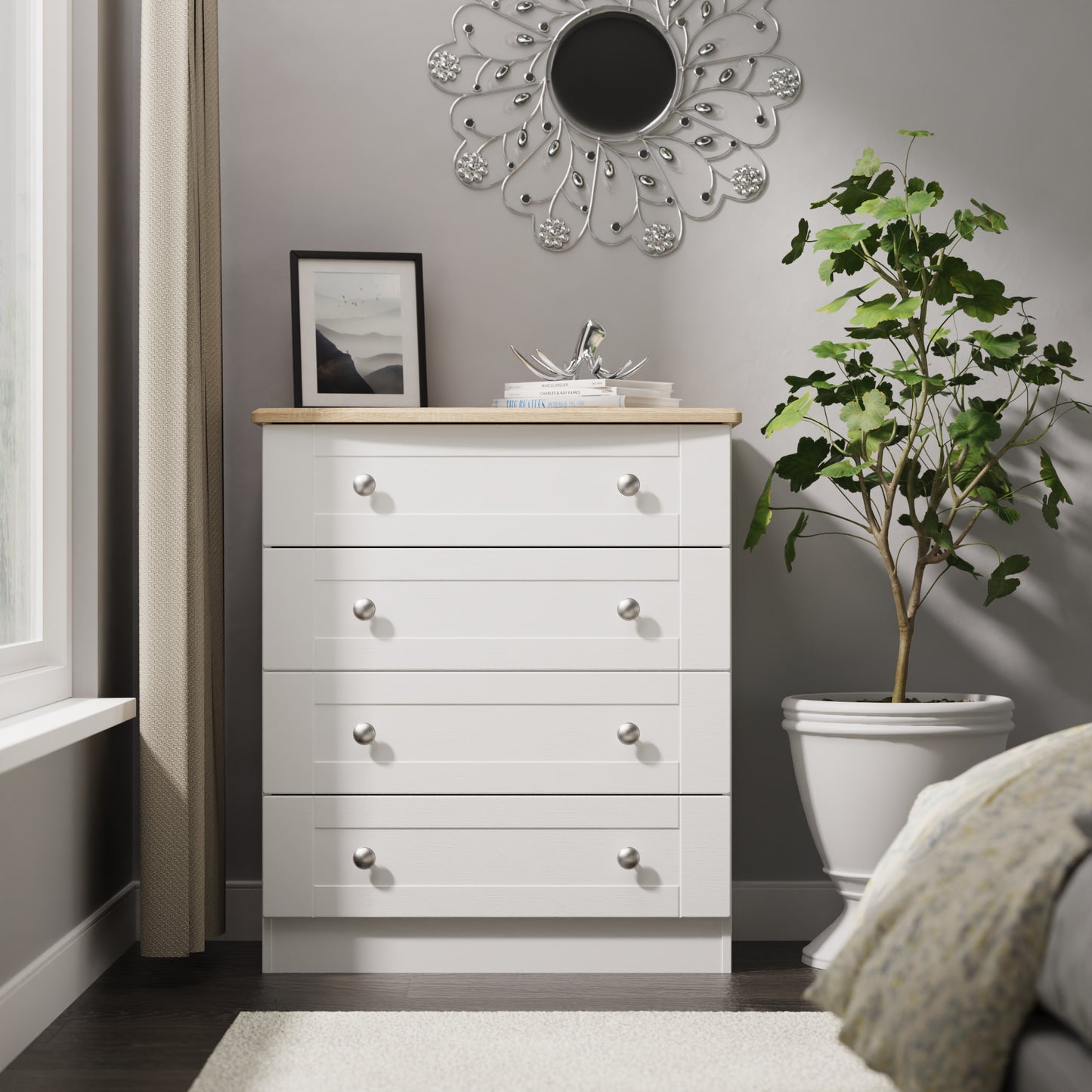 Sussex Chest of Drawers White & Light Oak 4 Drawers 77cm