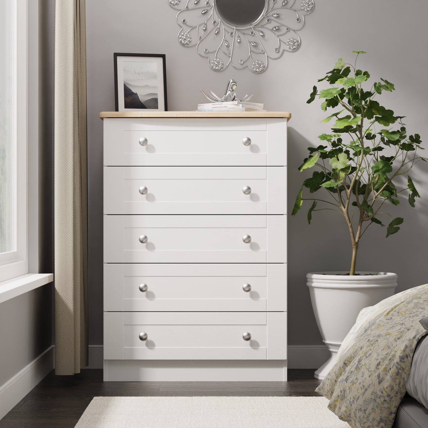 Sussex Tall Chest of Drawers White & Light Oak 5 Drawers 77cm