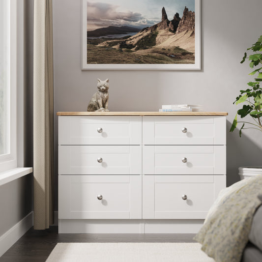 Sussex Large Chest of Drawers White & Light Oak 6 Drawers 112cm