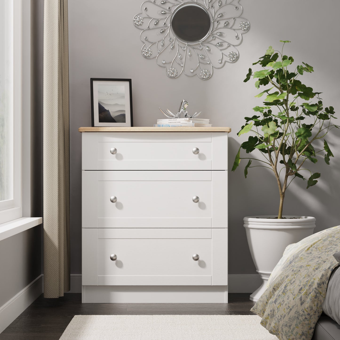 Sussex Chest of Drawers White & Light Oak 3 Drawers 42cm