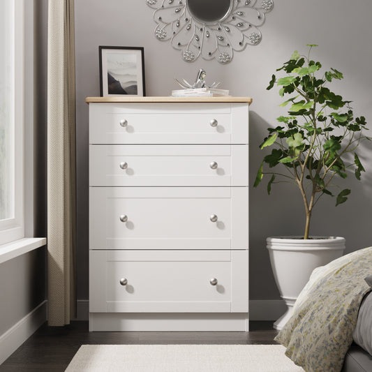 Sussex Tall Chest of Drawers White & Light Oak 4 Drawers 77cm