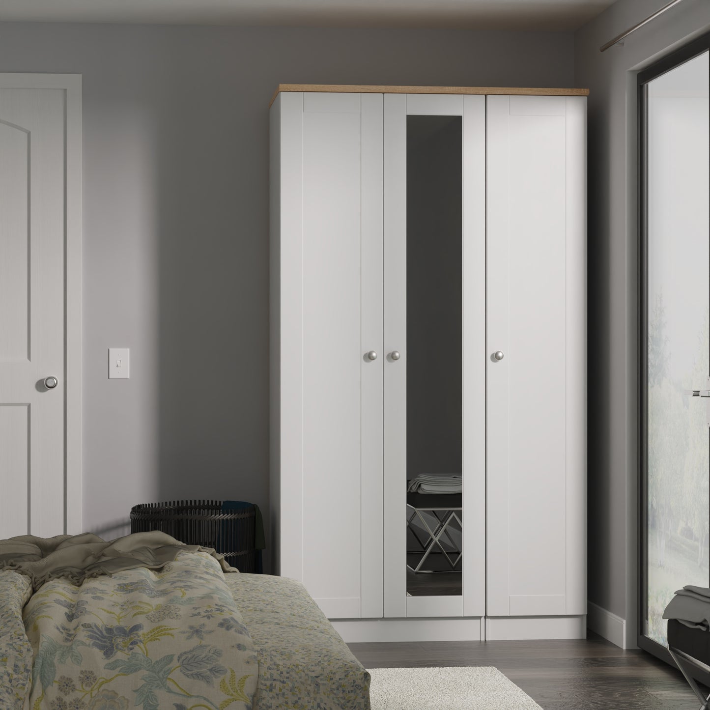 Sussex Tall Mirror Wardrobe Grey & Light Oak 1 Shelf 111cm