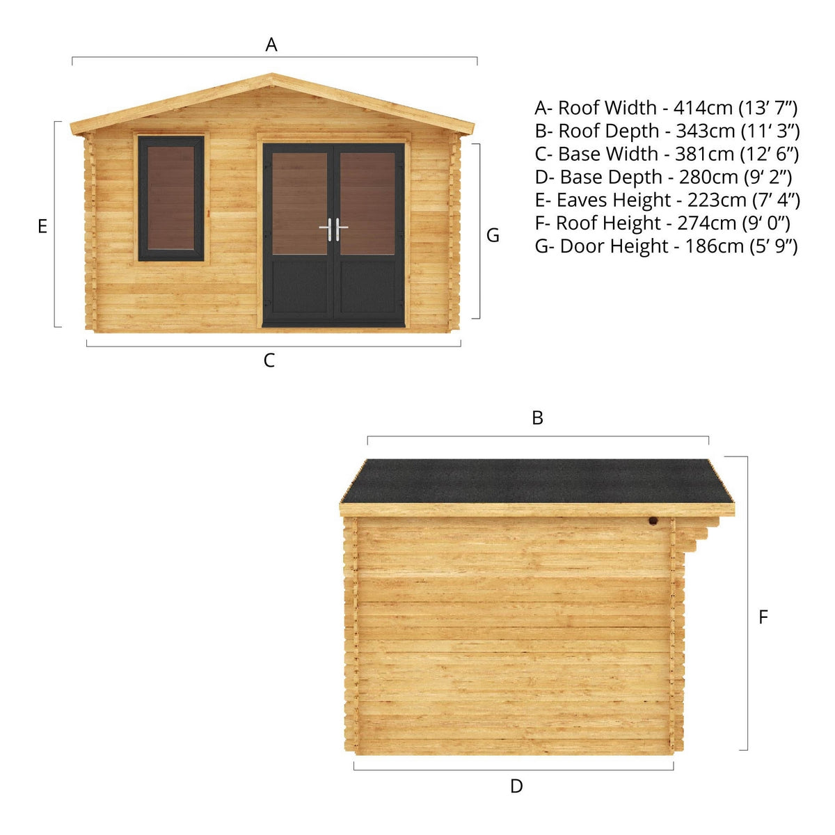 Mercia Retreat 11' 3" x 13' 6" Apex Log Cabin - Premium 44mm Cladding Loglap - Grey UPVC
