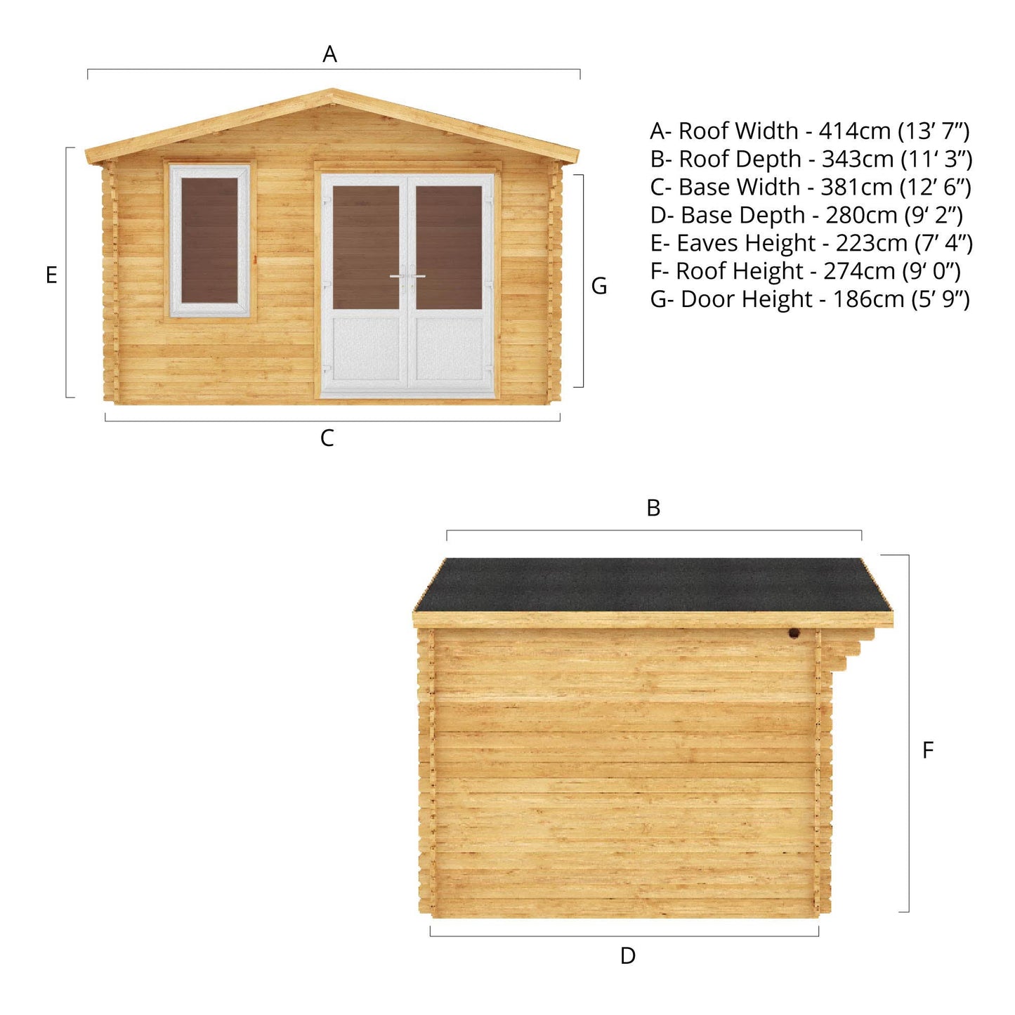 Mercia Retreat 11' 3" x 13' 6" Apex Log Cabin - Premium 44mm Cladding Loglap - White UPVC