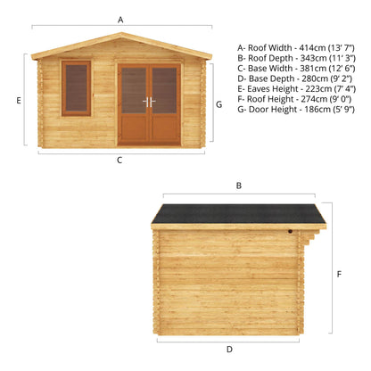 Mercia Retreat 11' 3" x 13' 6" Apex Log Cabin - Premium 44mm Cladding Loglap - Brown UPVC