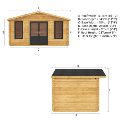 Mercia Retreat 11' 3" x 16' 10" Apex Log Cabin - Premium 44mm Cladding Loglap - Grey UPVC