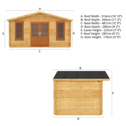 Mercia Retreat 11' 3" x 16' 10" Apex Log Cabin - Premium 44mm Cladding Loglap - Brown UPVC
