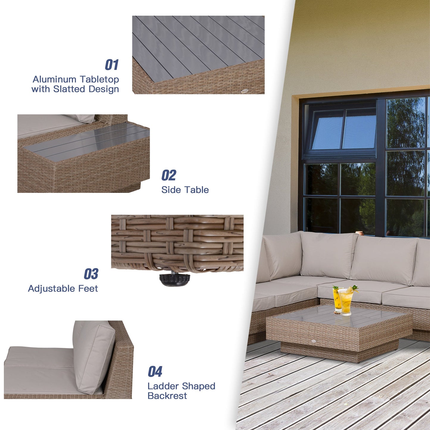 4-Piece Rattan Garden Furniture Outdoor Sectional Corner Sofa and Coffee Table Set Conservatory Wicker Weave Furniture with Armrest and Cushions - Beige