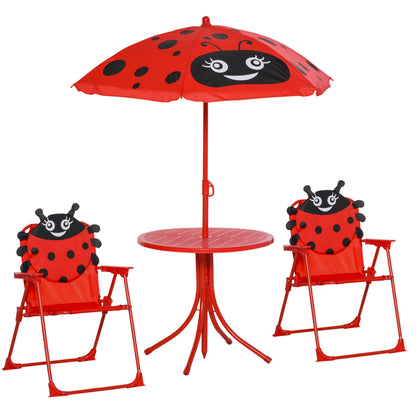 Kids Folding Picnic Table and Chairs Set Ladybug Pattern Outdoor w/ Parasol