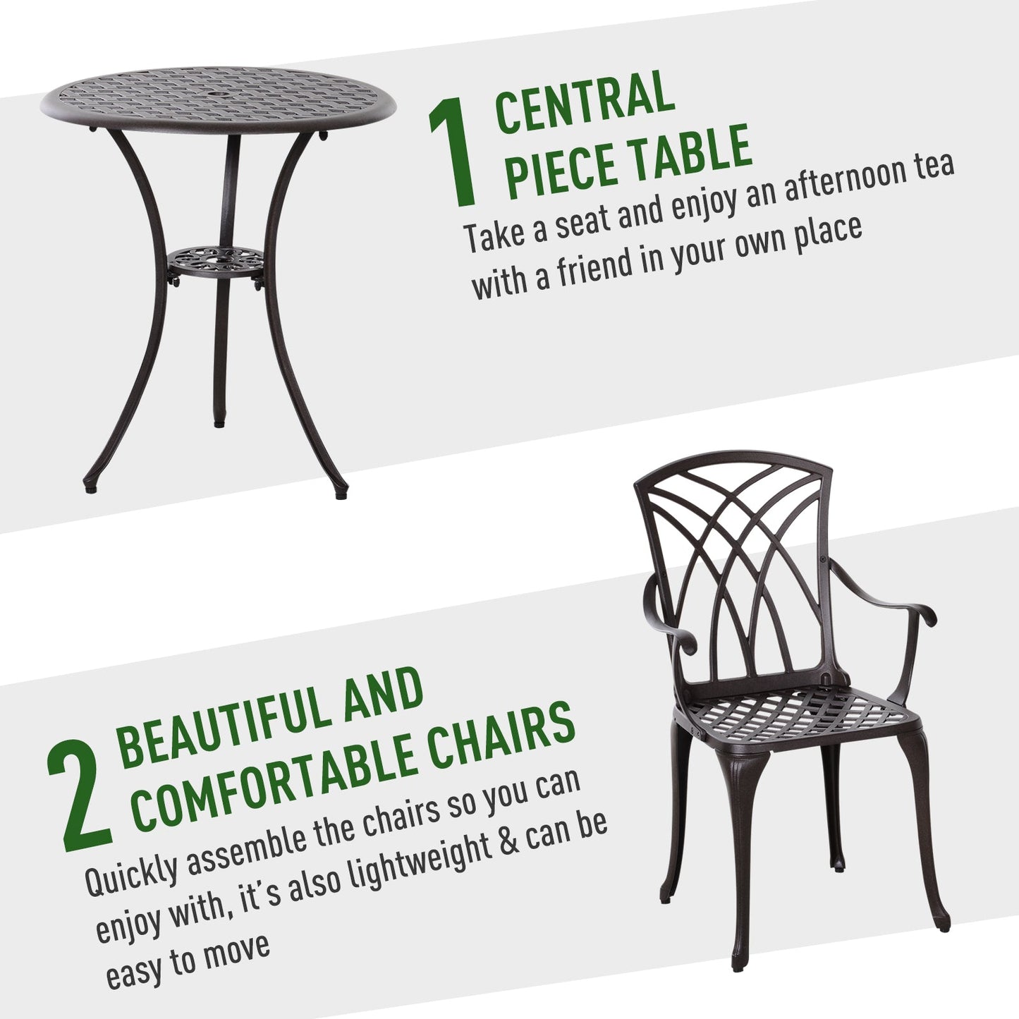 Patio Cast Aluminium 3-Piece Bistro Set Coffee Table & 2 Chairs Set Outdoor Garden Furniture Set