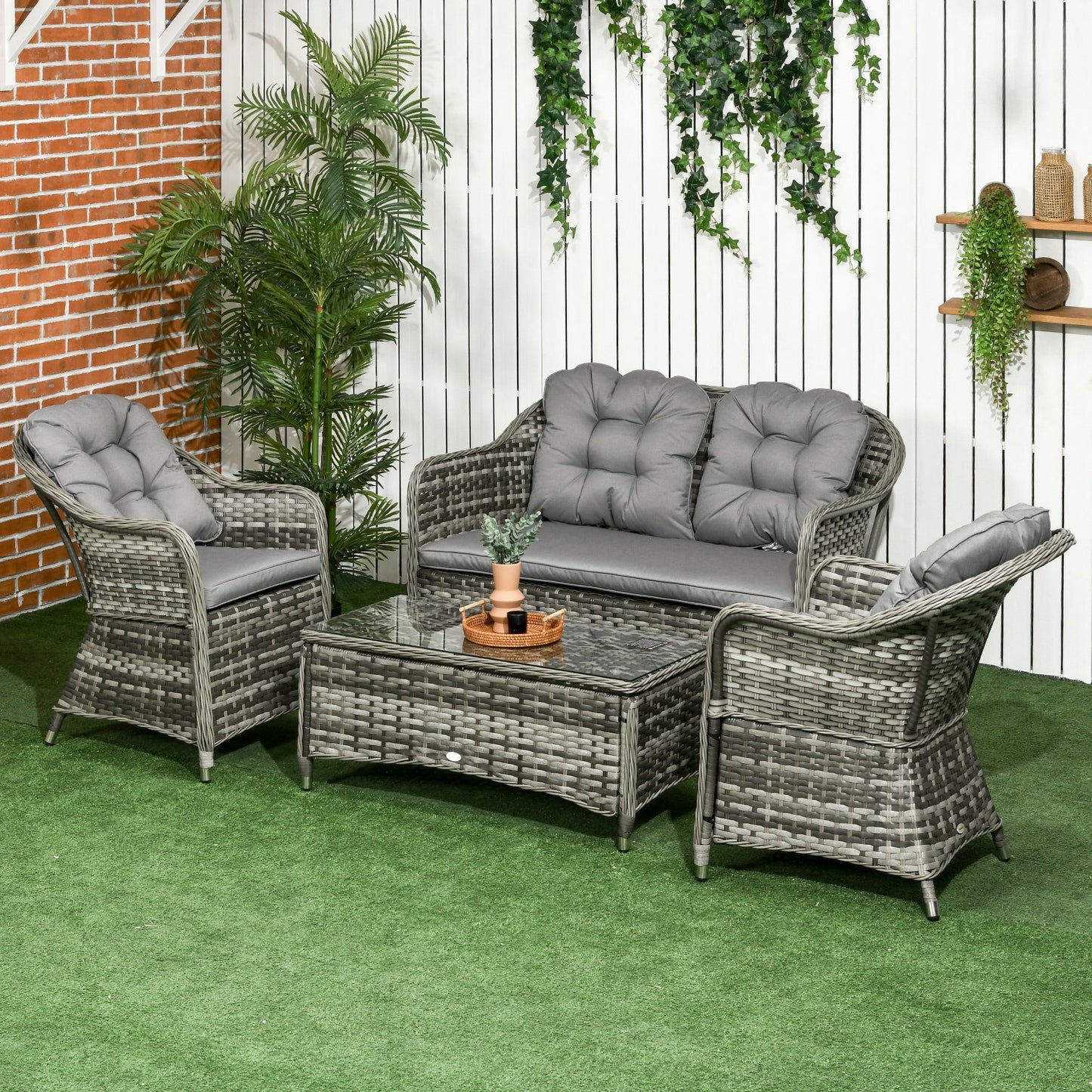 4-Pieces Outdoor PE Rattan Garden Furniture with Cushions