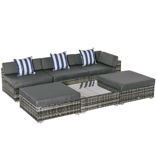 6 PC Rattan Sofa Coffee Table Set Sectional Wicker Weave Furniture for Garden Outdoor Conservatory w/ Pillow Cushion Grey Primary Image
