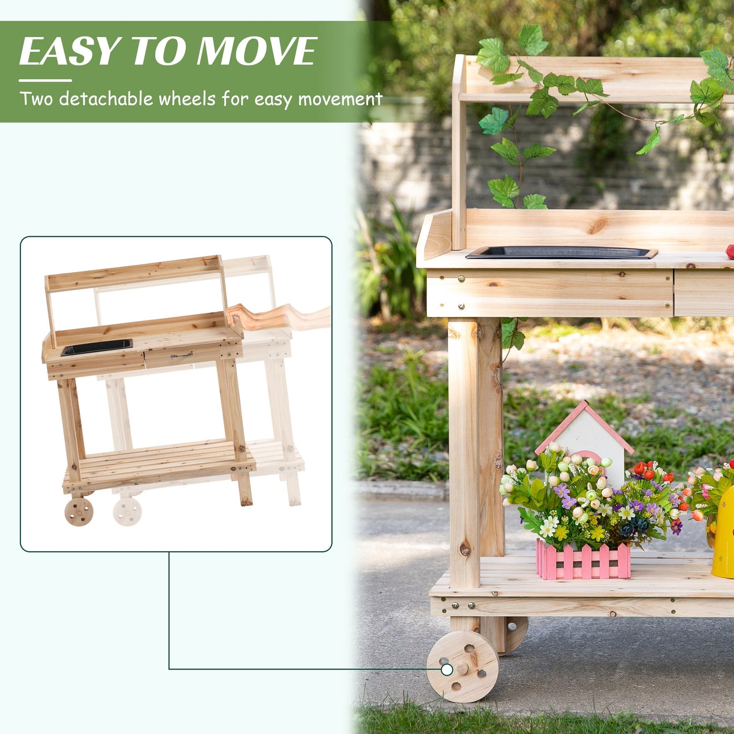 Wooden Potting Bench Work Table with 2 Removable Wheels