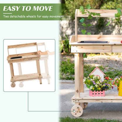 Wooden Potting Bench Work Table with 2 Removable Wheels