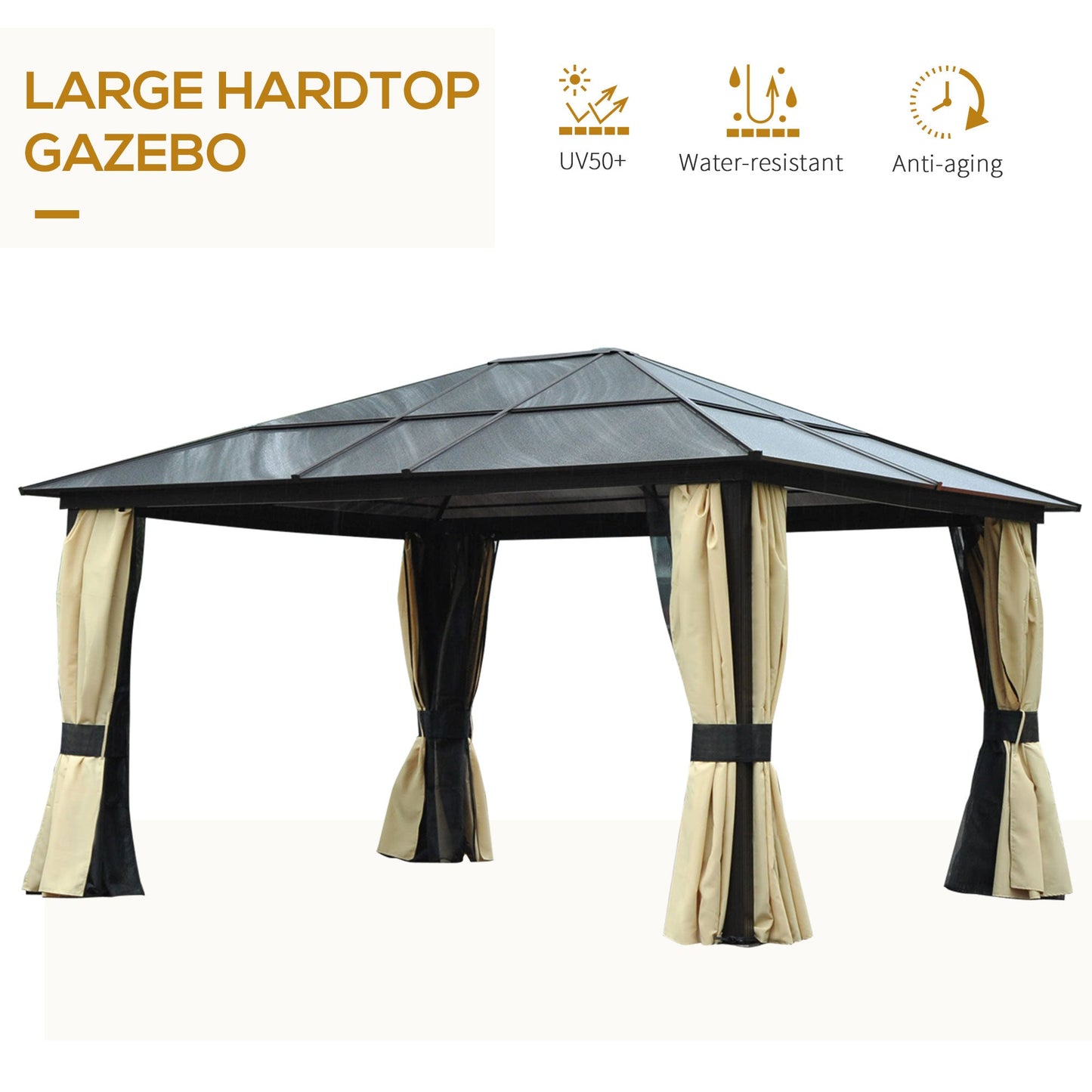 3.6 x 4m Hardtop Gazebo Canopy with Polycarbonate Roof and Aluminium Frame