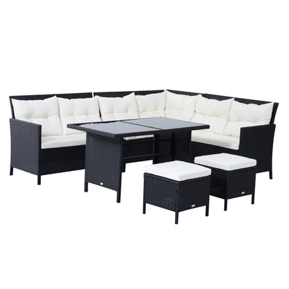 8 Seater Garden Rattan Furniture Rattan Corner Dining Sofa Set Wicker Conservatory Furniture Lawn Patio Coffee Table Foot Stool w/Cushion-Black