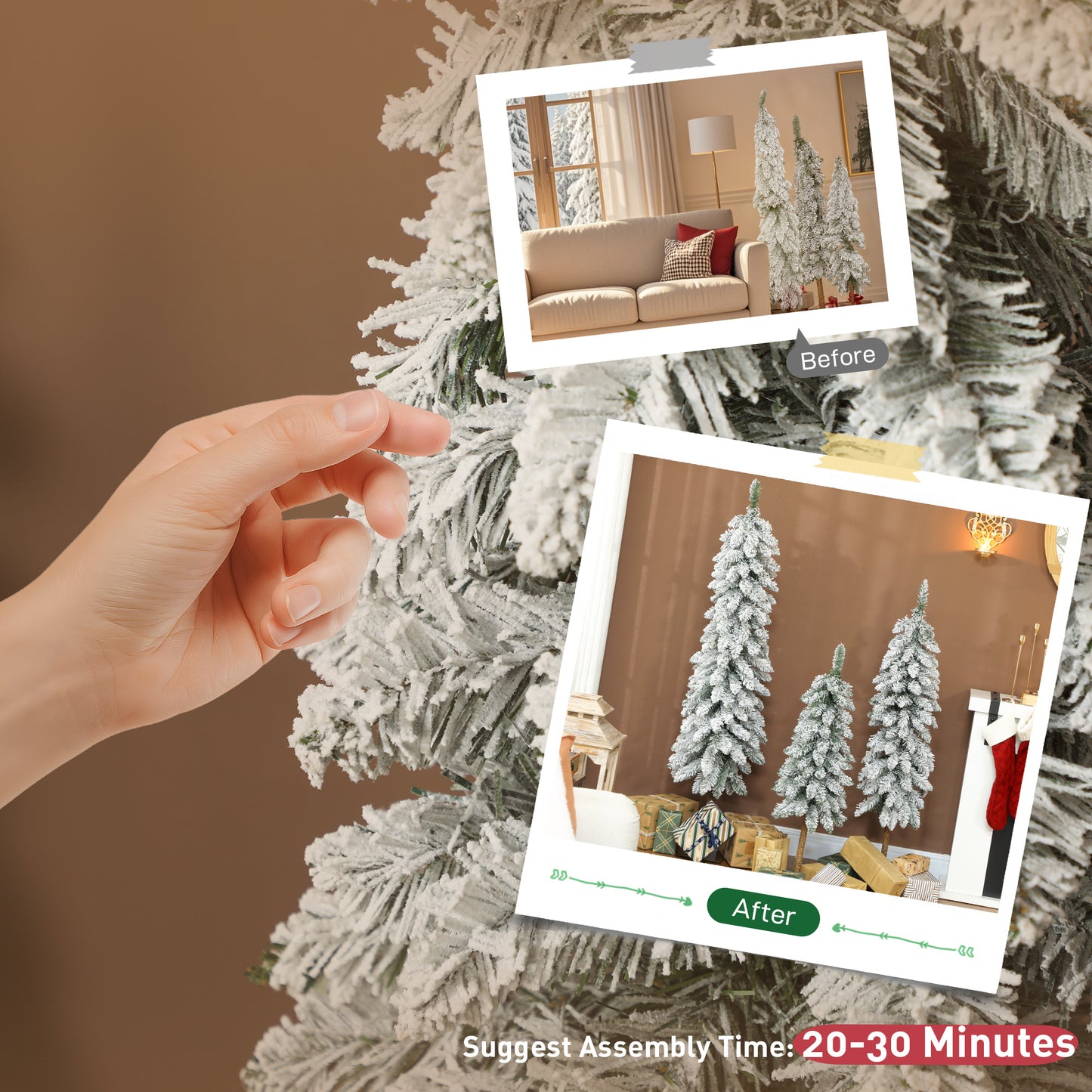 3x Slim Pencil Christmas Tree Artificial - White Frosted Green   Tips