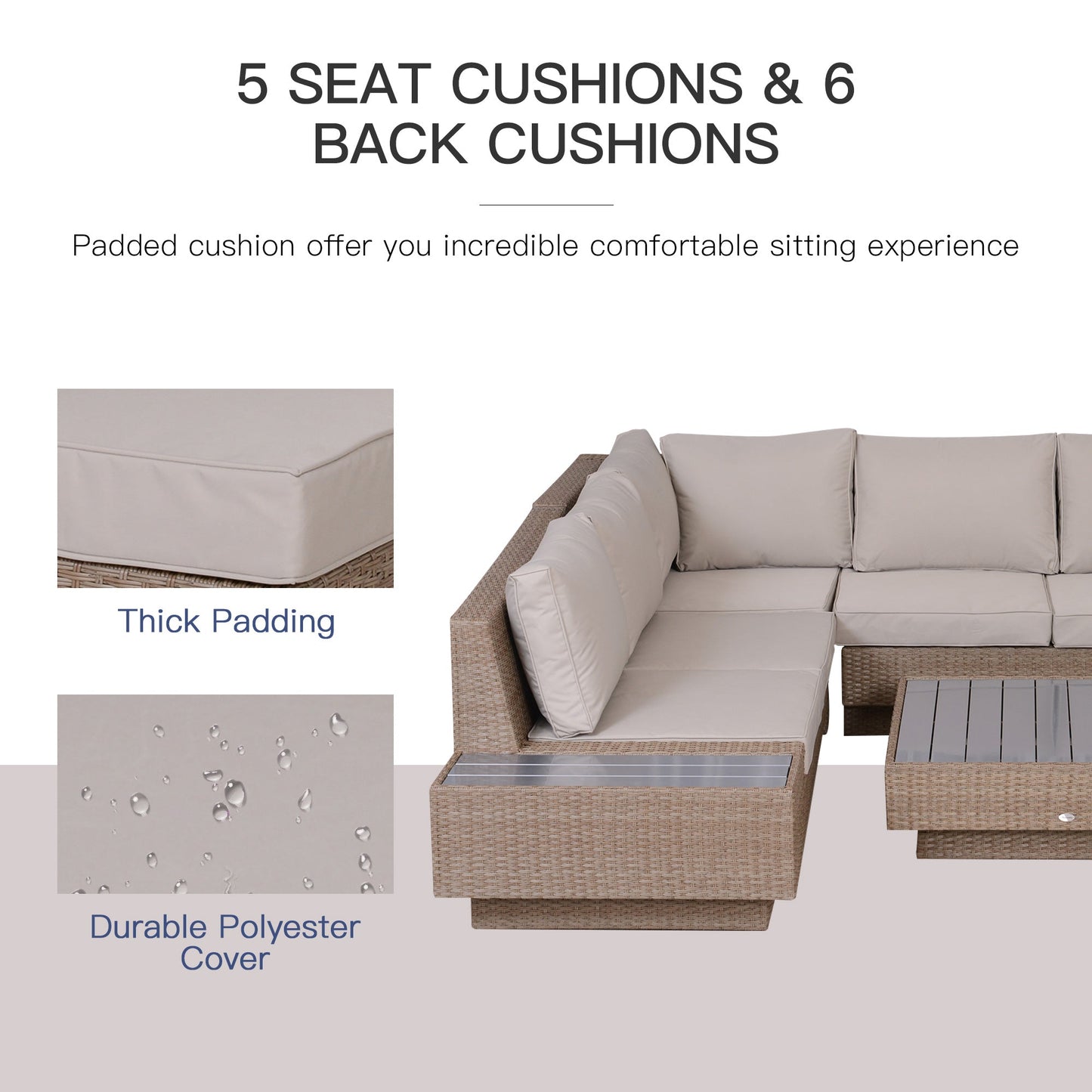 4-Piece Rattan Garden Furniture Outdoor Sectional Corner Sofa and Coffee Table Set Conservatory Wicker Weave Furniture with Armrest and Cushions - Beige