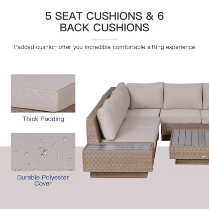 4-Piece Rattan Garden Furniture Outdoor Sectional Corner Sofa and Coffee Table Set Conservatory Wicker Weave Furniture with Armrest and Cushions - Beige