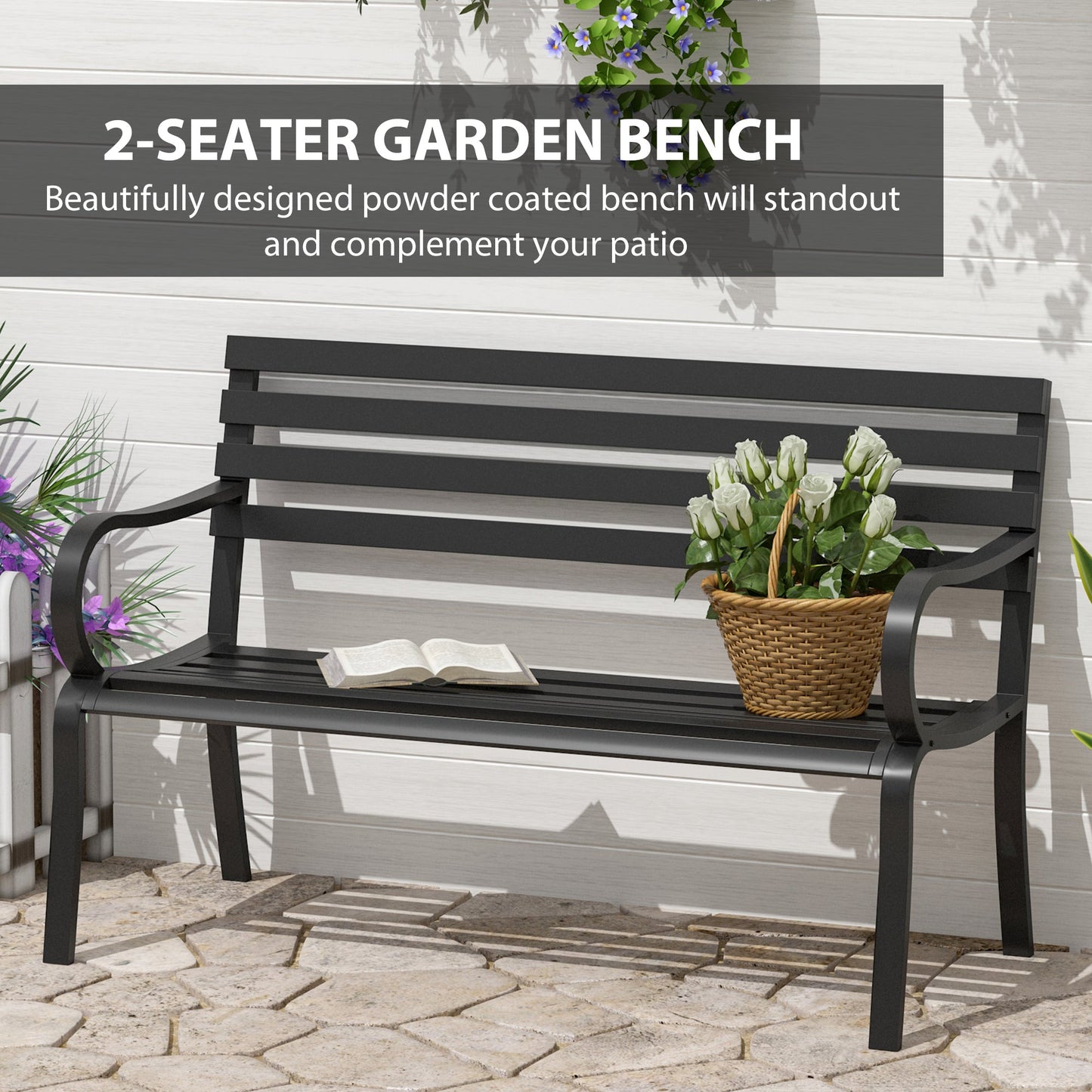 Stylish 2 Seater Metal Garden Porch Chair Bench Stable Patio Outdoor Park Metal Bench - Black