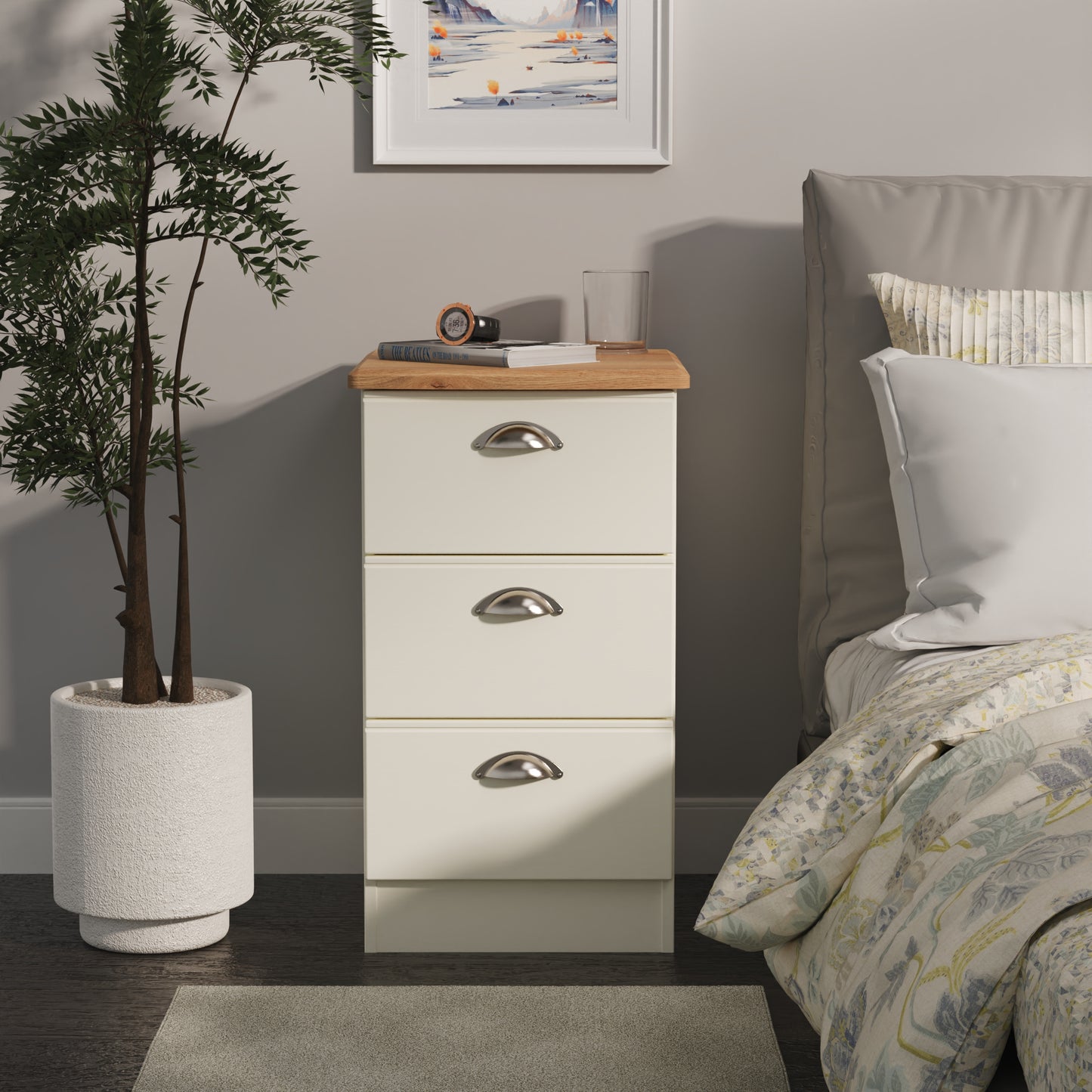 Victoria Bedside Table Cream & Light Oak 3 Drawers 40cm