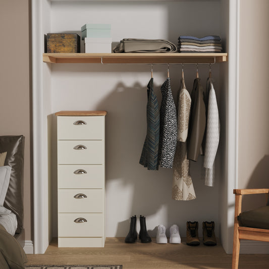 Victoria Tall Tallboy Cream & Light Oak 5 Drawers 40cm