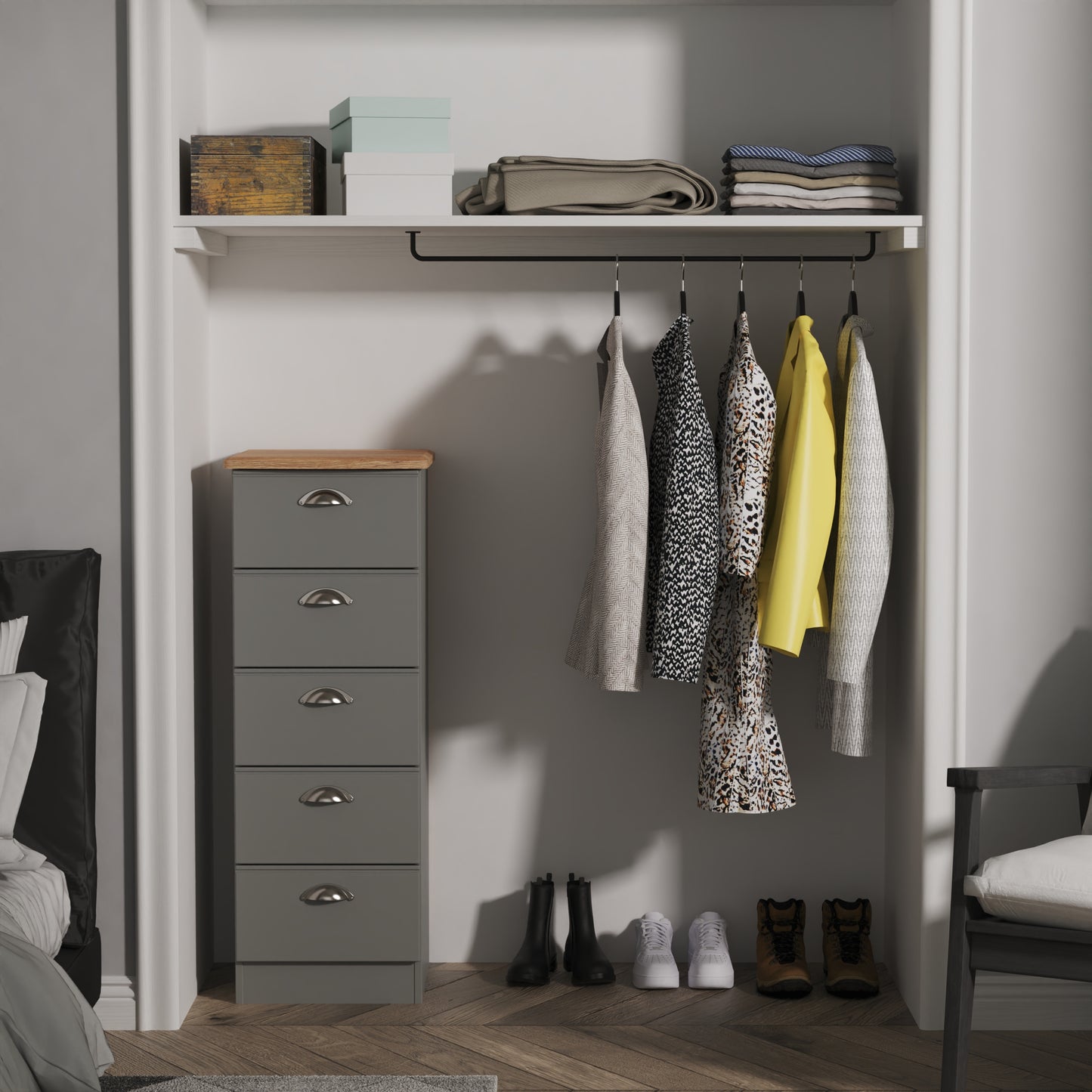 Victoria Tall Tallboy Grey & Light Oak 5 Drawers 40cm