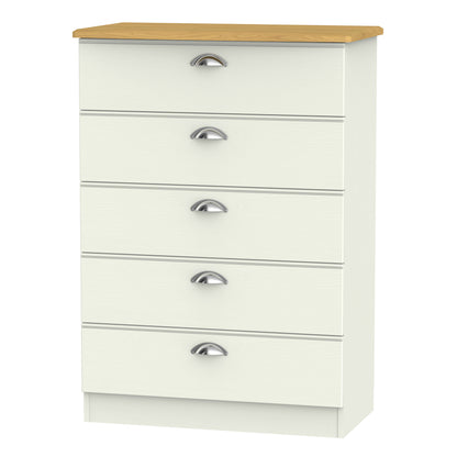 Victoria Tall Chest of Drawers Cream & Light Oak 5 Drawers 77cm