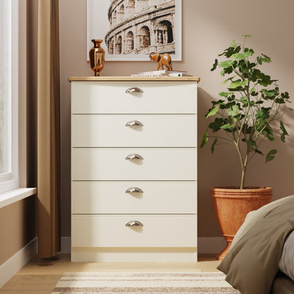 Victoria Tall Chest of Drawers Cream & Light Oak 5 Drawers 77cm