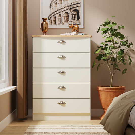 Victoria Tall Chest of Drawers Cream & Light Oak 5 Drawers 77cm