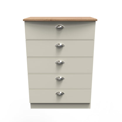 Victoria Tall Chest of Drawers Cream & Light Oak 5 Drawers 77cm